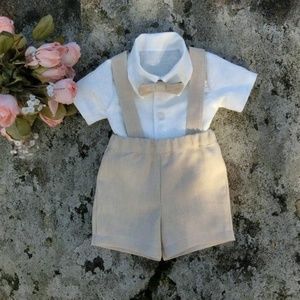Boys linen outfit. Beige suspender outfit.